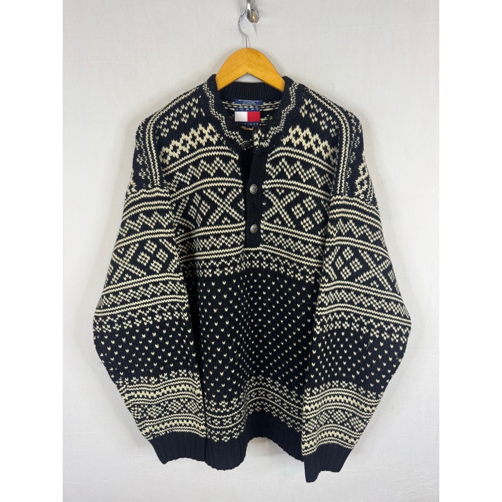 Tommy Hilfiger Vintage Fair Isle Wool Blend Henley Sweater Black Cream Mens L